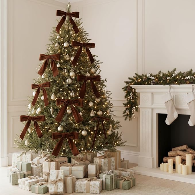 Yilloog 90 Yards Christmas Velvet Ribbon Vintage Satin Fabric Velvet Ribbon Roll for Christmas Tree Ornaments Decoration Gift Wrapping Bow DIY Crafts(Brown,3/8 Inch/ 1 Inch/ 2 Inch)