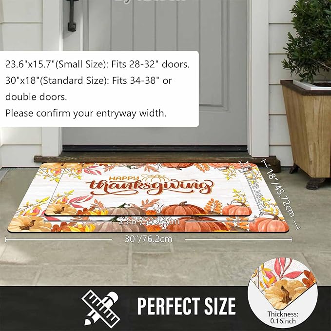 Fall Welcome Maple Leafs Decorative Door Mat, Autumn Thanksgiving Doormat for Indoor Outdoor Entrance Floor Mats,Fall Pumpkins Non Slip Harvest Vintage Decor Rubber Welcome Mats 30" x 18" Inch