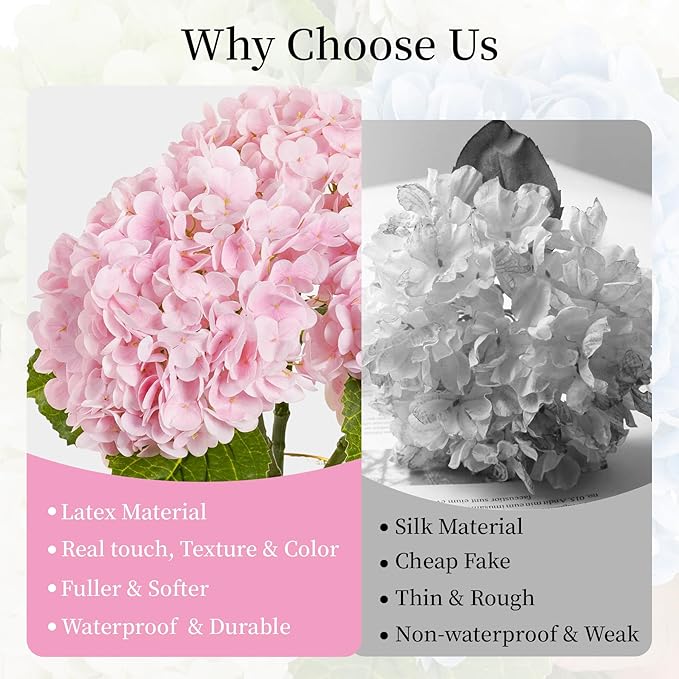 BonBloom's 3 Pcs Pink Hydrangea Artificial Flowers,21" Latex Hydrangeas with Stems,Fake Real Touch Flowers for Wedding Table Centerpieces Floral Arrangement Home Decor
