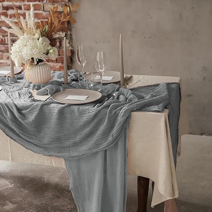 12 Pack Cheesecloth Table Runner, 35x120 Inch Boho Gauze Fabric Table Runner 10ft Rustic Sheer Runner for Wedding Party Baby Shower Table Decor (Grey)