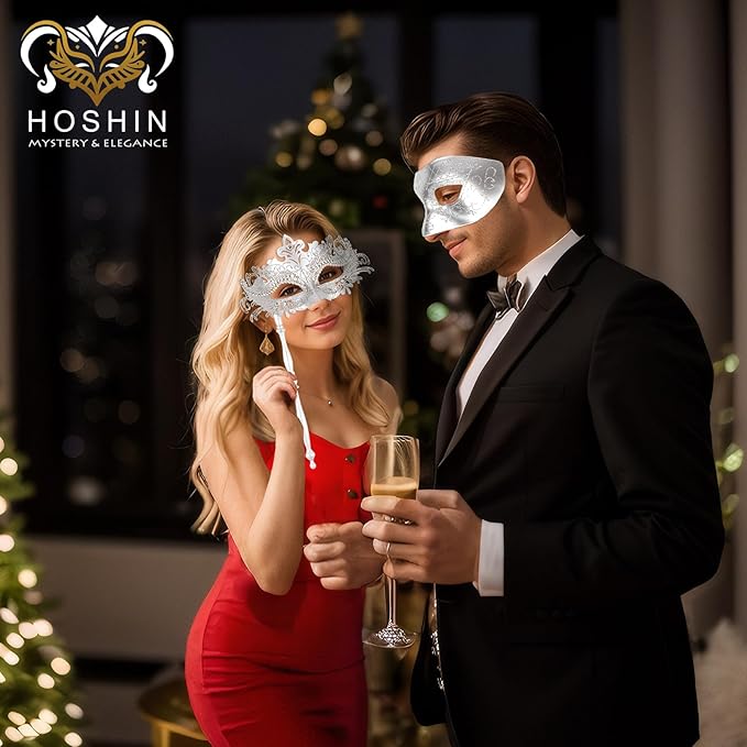 Hoshin Masquerade Mask for Couple, Mardi Gras Deecorations Venetian Masks with Stick for Womens