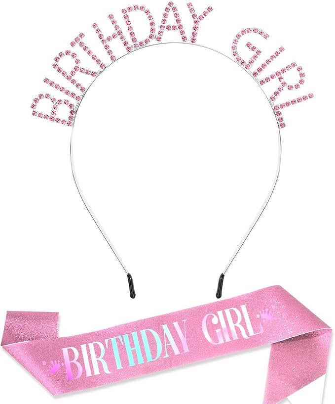 CAVETEE Birthday Girl Crown and Sash， Princess Tiara Happy Birthday Headband Party Accessories for Women and Girls