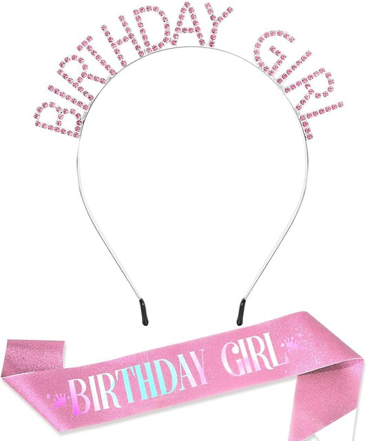 CAVETEE Birthday Girl Crown and Sash， Princess Tiara Happy Birthday Headband Party Accessories for Women and Girls