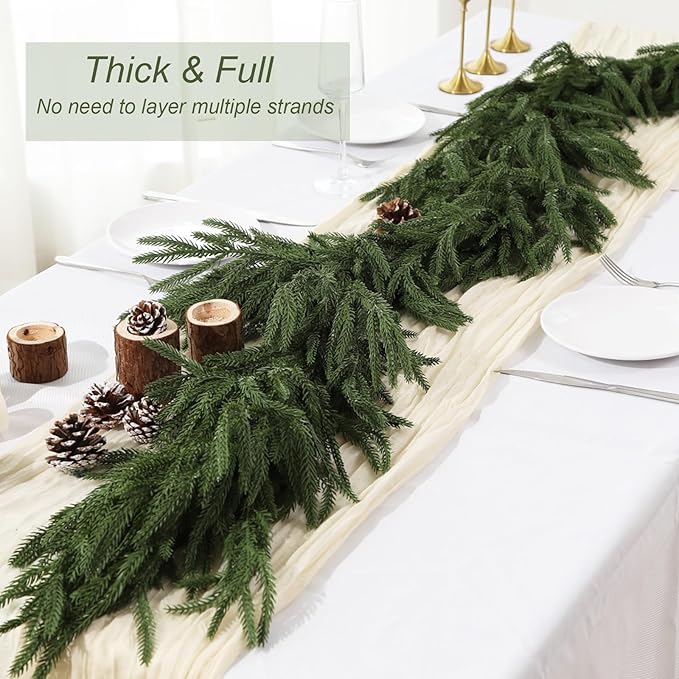 9FT Norfolk Pine Garland Realistic - Thick Deluxe Faux Christmas Greenery Garland Artificial Green Winter Pine Garlands for Mantle Staircase Table Indoor Outdoor Xmas Holiday Decoration