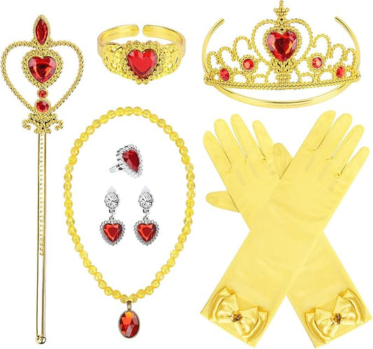 Princess Dress Up Party Accessories for Princess Costume Gloves Tiara Wand Necklace Earrings Bracelet and Ring Gift Set 9pcs (Yellow, Set of 7, 9pcs)