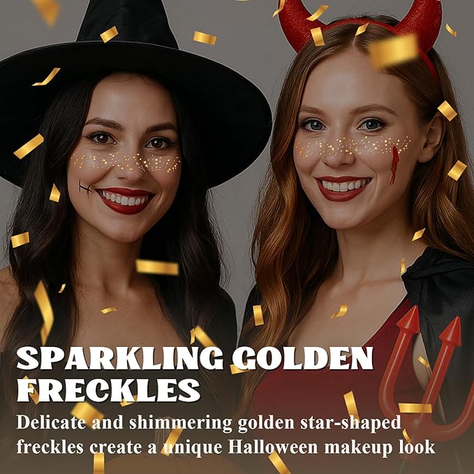 Gold Glitter Freckles Face Tattoo, 6pcs Fake Tattoos Sparkle Face Glitter, Waterproof Freckles Makeup Patches, Long-Lasting Sparkle for Festival Rave Concert Party Cosmetic Accessorie