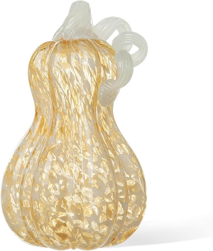 Glitzhome Hand Blown Glass Pumpkin Decor 8.5" Amber - Artisan Fall Harvest Thanksgiving Table Centerpiece Halloween Home Decor