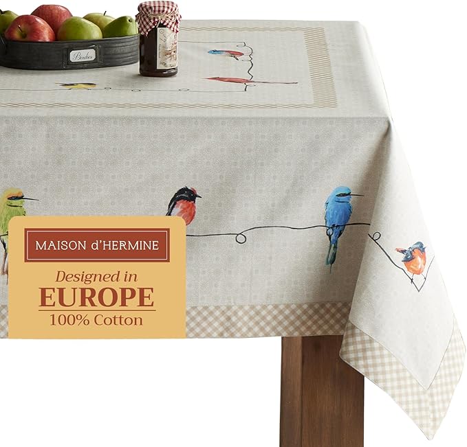Maison d' Hermine Table Cloth Rectangle Table 100% Cotton 54 x 72 Inches Tablecloth Reusable Decorative for Dining Room, Farmhouse, Home, Party, Festive & Wedding Spring Summer - Birdies on Wire