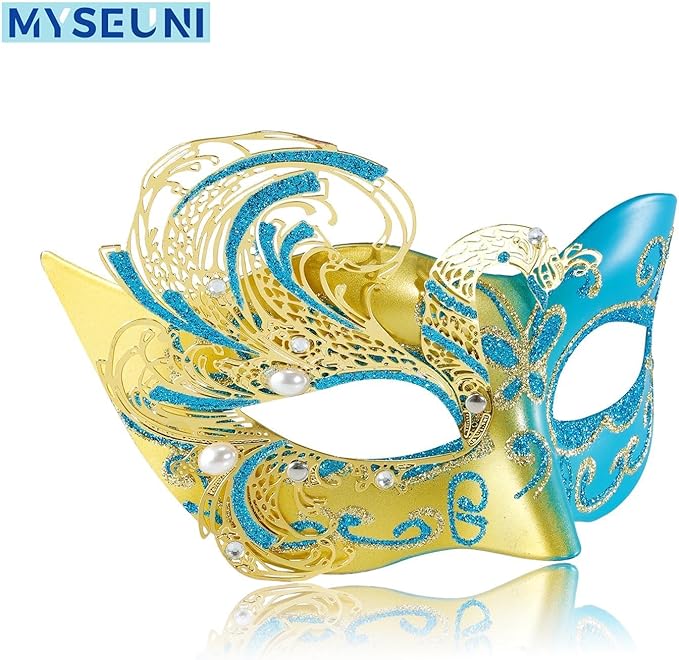 2025 New Gold and Blue Masquerade Mask for Women-Butterfly Masquerade Eye Mask - Peacock Metal Filigree Venetian Masks-Perfect for Halloween Parties, Costume Party, Carnivals, Wedding
