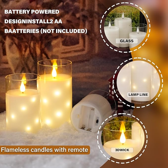 Real Wax Flameless Candles Glass,Battery Operated LED Candles with Flickering Flame,Glass Shell,Interior Star Light Decoration Set of 3 White (D3×H 4" 5" 6") for Home Decor,Holiday Decoration