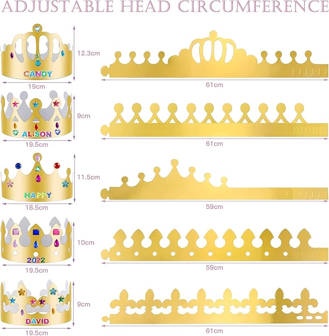 ZYNERY 47 PCS Golden Birthday Crowns with DIY Stickers Kit Paper Crown Party Hats for Kids Classroom School,Prince Princess Birth Decor Gift
