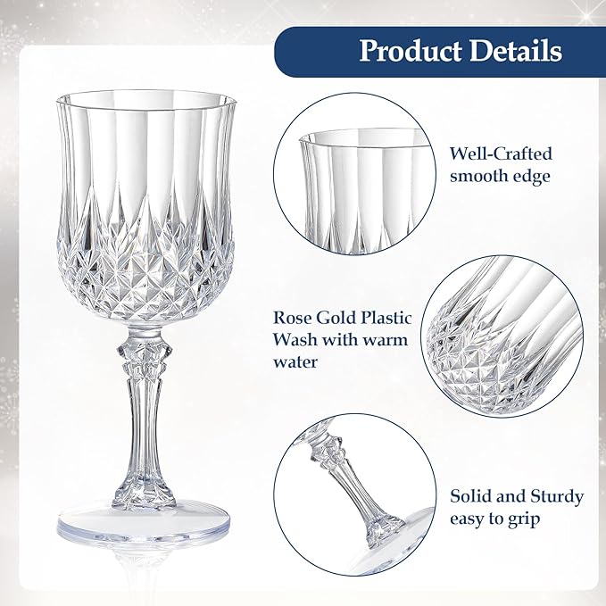 XUWAIDSGN 7oz Plastic Vintage Wine Glasses Drinking Glasses Unbreakable Wedding Glassware Crystal Water Goblets Reusable Drinkware Vintage Champagne Flutes (100, Clear)