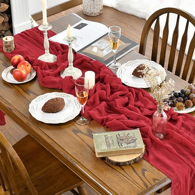 Artoid Mode Boho Gauze Red 3 Pieces Wedding Table Runner, 120 Inch Cheesecloth Christmas Fabric Kitchen Dining Holiday Table Decor for Home Party Indoor