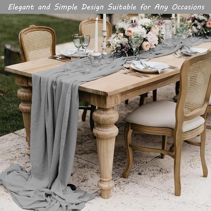 12 Pack Cheesecloth Table Runner, 35x120 Inch Boho Gauze Fabric Table Runner 10ft Rustic Sheer Runner for Wedding Party Baby Shower Table Decor (Grey)