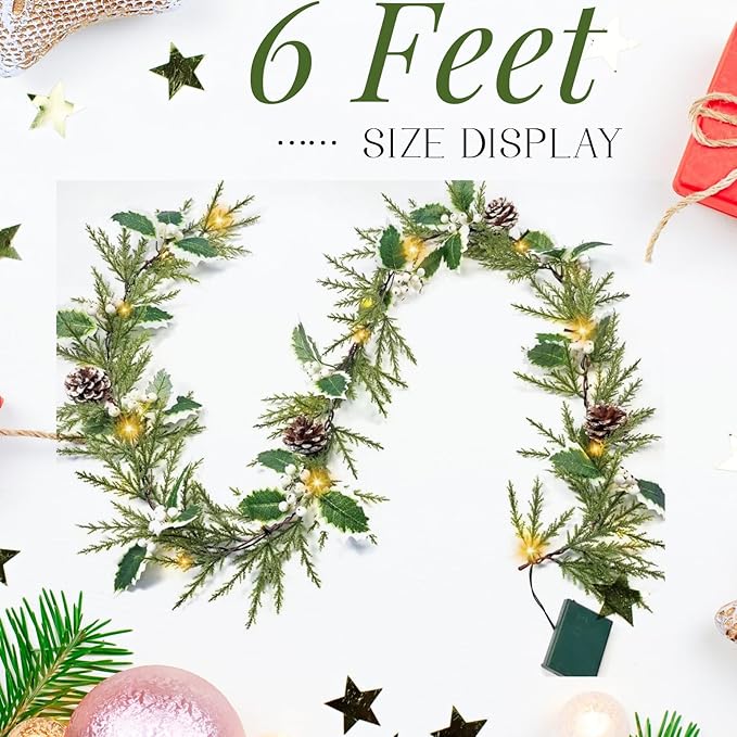 6FT Holly Berry Garland, Lighted Christmas Garland with Timer, Battery Operated Garland Christmas for Staircase Winter New Year Door Decorations