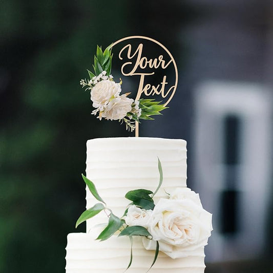 CustomText Wedding Cake Topper with 3D Artificial Flowers and Green Leaves Personalized Your Text Wooden Anniversary Engagement Cake Decoration