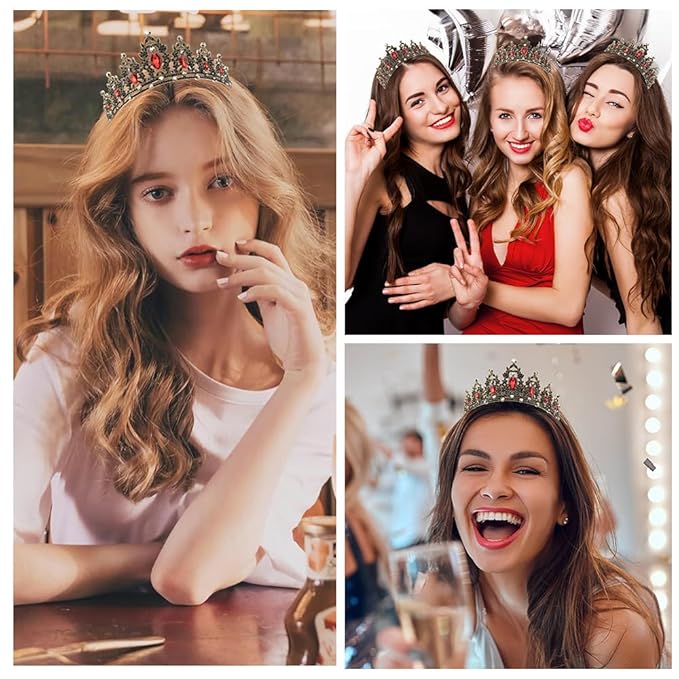 Birthday Crown Headband Sash Adult Crowns for Women - Black and Red Tiara for Birthday and Halloween Parties