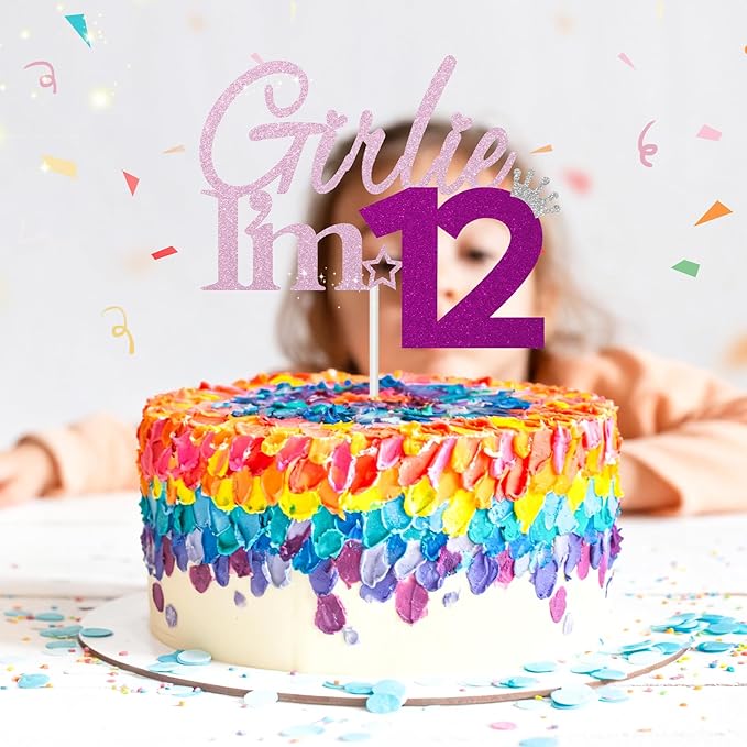 Girlie I'm 12 Cake Topper, 12th Birthday Decorations for Girl, Glitter Funny 12th Birthday Cake Topper, Girlie 12 Year Old Birthday Party Decoration Supplies