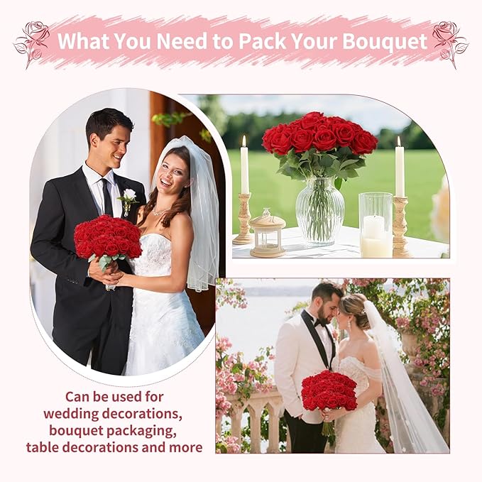 52 PCS Red Artificial Roses Bulk, Fake Artificial Flowers Bridal Bouquet Silk Faux Rose with Stems for Wedding Flowers Decoration, Valentine's Day, Bridal Bouquet, Anniversary, Home Decor (52PCS)