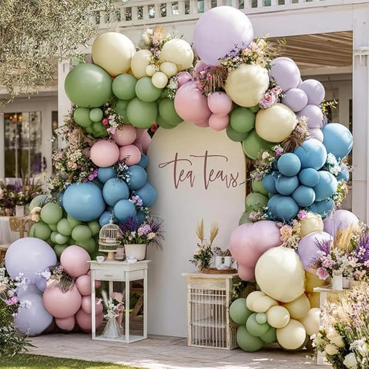 Blue Green Pink Balloon Garland Double Stuffed Sage Green Dusty Blue Pink Purple Lavender Balloons Pastel Balloon Arch Kit for Birthday Baby Shower Gender Reveal Fairy Tea Party Decorations