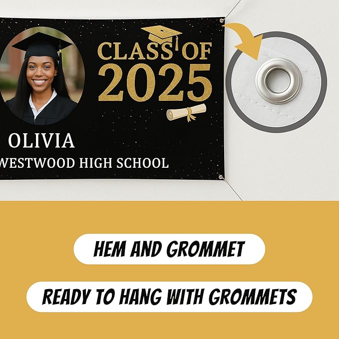 Custom Graduation Banner Class of 2025 with Photo and Name – Personalized Congrats Sign for High School or College Seniors – Indoor Outdoor Graduation Party Decoration