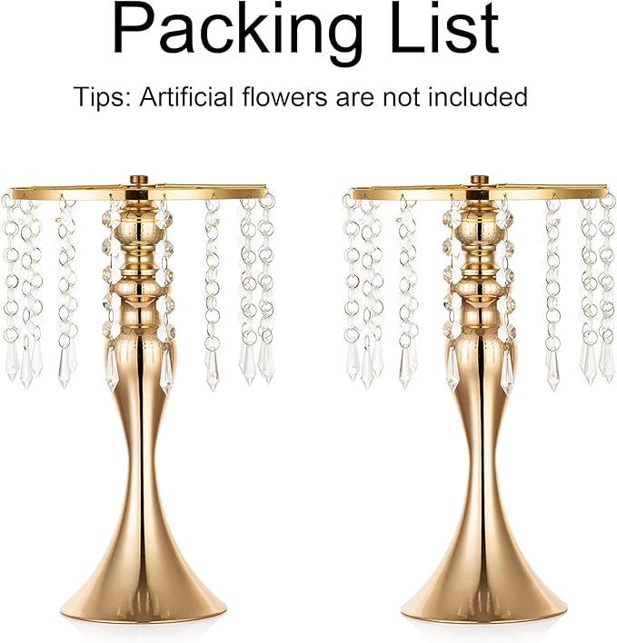 2 Pcs Gold Vases for Centerpieces, 13.8in Crystal Flower Arrangement Stand, Wedding Centerpieces for Tables, Tall Metal Flower Vase Holders for Wedding, Event, Reception, Birthday, Home Decor