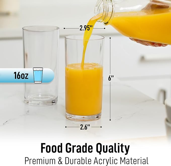 Zulay Kitchen Acrylic Glasses Drinkware - 12 Piece Unbreakable Plastic Tumblers - BPA-Free, Reusable Plastic Drinking Glasses for Home & Outdoors - Stackable, Lead-Free & Dishwasher Safe - (16 oz)