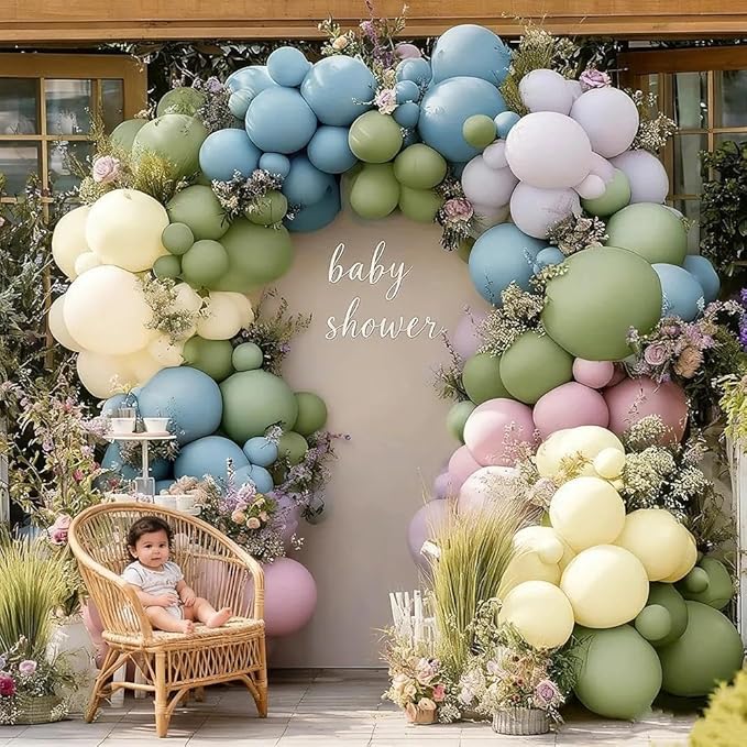 Blue Green Pink Balloon Garland Double Stuffed Sage Green Dusty Blue Pink Purple Lavender Balloons Pastel Balloon Arch Kit for Birthday Baby Shower Gender Reveal Fairy Tea Party Decorations