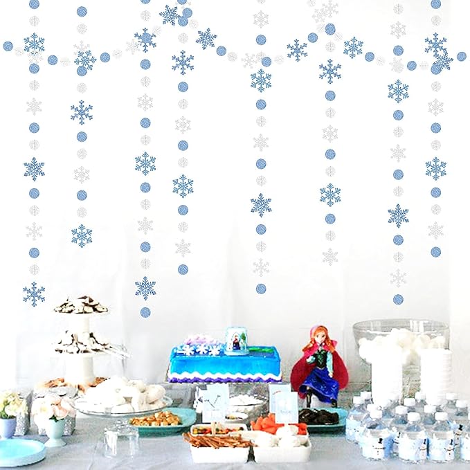 Snowflake-Snow Blue-Silver Christmas Party-Decoration Garland - 52Ft White Winter Wonderland Frozen Hanging Paper Streamers,Birthday New Year Baby Shower Supplies Classroom Decor Lasting Surprise