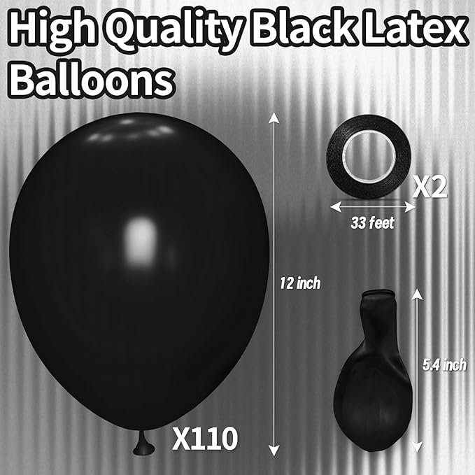 KAWKALSH Black Balloon 110pcs, 12 Inch Thickened Latex Party Balloons Helium Bright Color for Birthday Baby Shower Wedding Party Supplies Arch Garland Decoration
