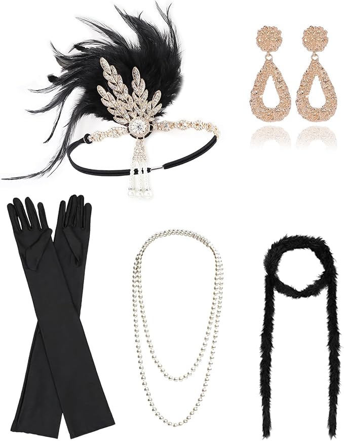 DRESHOW 1920s Great Gatsby Accessories for Women Flapper Headpiece Headband Gloves Costume Harlem Nights Accessories Set