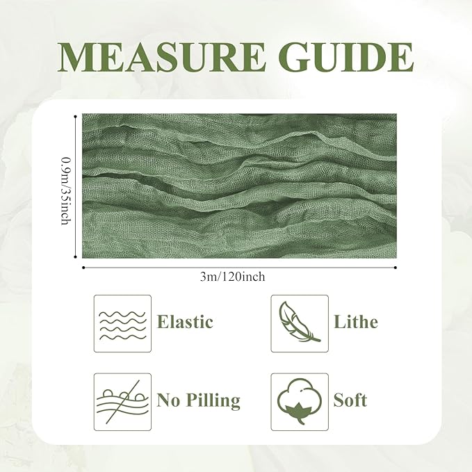 Asee'm 12pcs Cheesecloth Table Runner 120 Inches Sage Green Boho Gauze Cheese Cloth Runner 10FT Rustic Sheer Table Runners for Summer Wedding Baby Shower Holiday Party Decoration