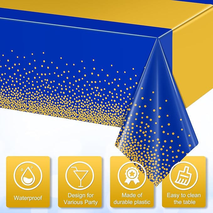 6Pcs Blue and Gold Tablecloth Party Decorations,Plastic Royal Blue Table Cloth Printed Gold Table Runner Disposable Rectangle Table Cover for Birthday Anniversary Wedding Graduation Party,54 x108 Inch