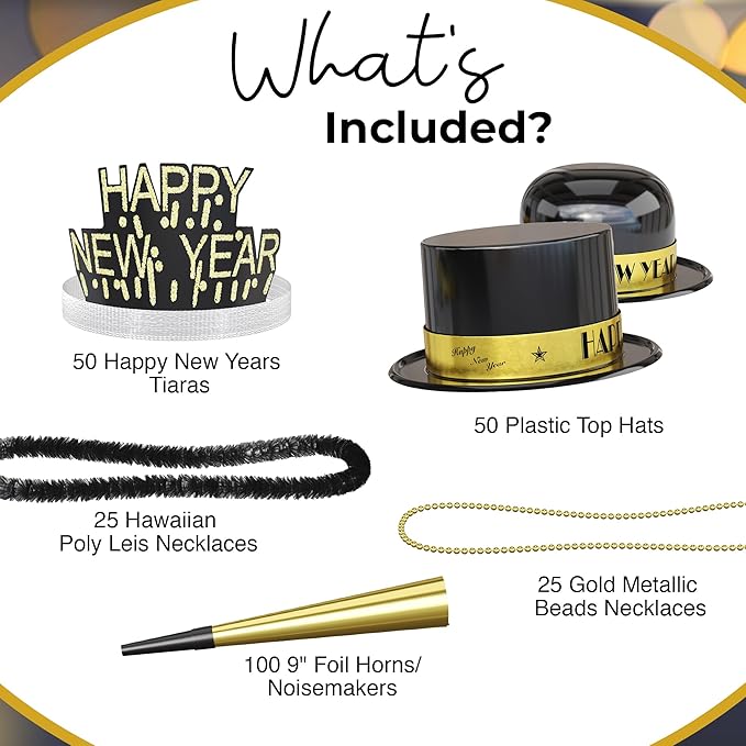 Crown Display New Years Eve Party Supplies 2026 I 250 Pcs I Black and Gold Top Hats Tiaras Bead Necklace Noise Makers I 2026 New Years Decorations Happy New Year Decorations 2026 Bulk Party Favors