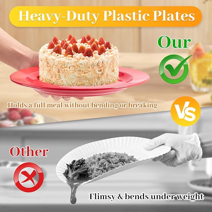 MENDENG 50PCS Red Plastic Plates for Party, 25x10.25 Dinner Plates & 25x7.5 Dessert Plates, Heavy Duty Disposable Plastic Plates for Party Birthday Christmas New Year