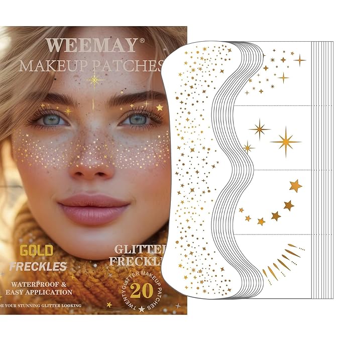 20 Pcs Gold Glitter Freckles Face Tattoo, Gold glitter Freckles Makeup Patches, Waterproof Sparkle Freckles, Glitter Freckles Face Temporary Tattoos for Women