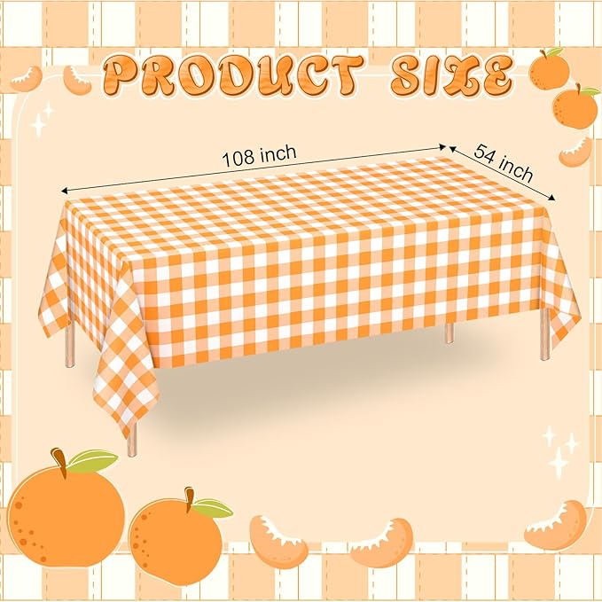 WNINK 3 Pack Orange and White Checkered Rectangular Plastic Tablecloths, Orange Gingham Waterproof Disposable Table Covers 54" x 108" for Birthday, Wedding, Outdoor Picnic Camping Parties