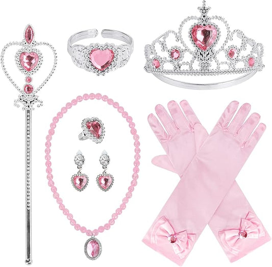 Princess Dress Up Party Accessories for Princess Costume Gloves Tiara Wand Necklace Earrings Bracelet and Ring Gift Set 9pcs (Pink, Set of 7, 9pcs)