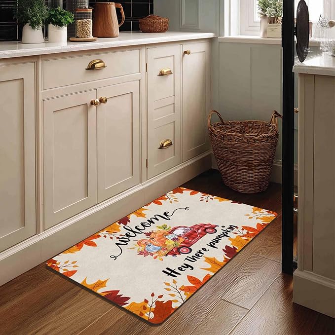 Fall Welcome Maple Leafs Decorative Door Mat, Autumn Thanksgiving Doormat for Indoor Outdoor Entrance Floor Mats,Fall Pumpkins Non Slip Harvest Vintage Decor Rubber Welcome Mats 30" x 18" Inch