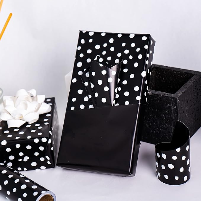 WRAPAHOLIC Reversible Wrapping Paper - Mini Roll - 17 Inch X 33 Feet - Black and Delicate Polka Dots Design for Birthday, Holiday, Wedding, Baby Shower
