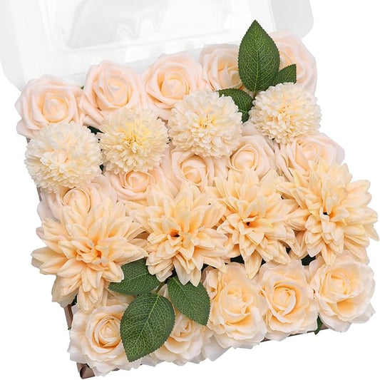 TINGE TIME Champagne Artificial Flowers, Fake Flower Leaf with Stems for DIY Champagne Wedding Bouquets Table Centerpieces Baby Shower Home Party Floral Arrangements Decorations