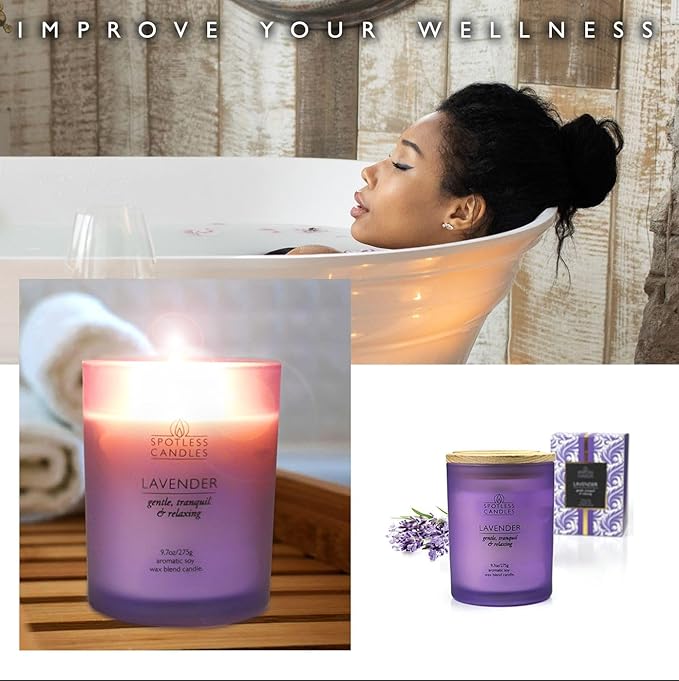 Lavender Candle - 9.7 oz /275g Lavender Scented Candle in Purple Glass Jar with Wooden Lid and Wooden Crackling Wick in a Luxurious Gift Box - Gentle, Tranquil and Relaxing