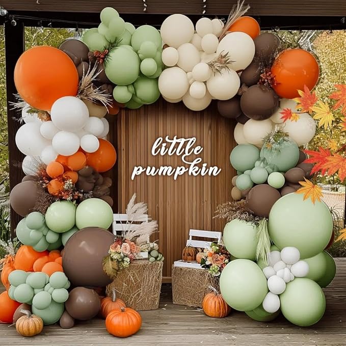 Fall Balloon Arch Garland Kit, Double Stuffed Sage Green Brown Orange White Balloon for Fall Autumn Dinosaur Thanksgiving Woodland Pumpkin Little Cutie Baby Shower Birthday Party Decor