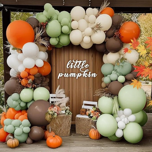 Fall Balloon Arch Garland Kit, Double Stuffed Sage Green Brown Orange White Balloon for Fall Autumn Dinosaur Thanksgiving Woodland Pumpkin Little Cutie Baby Shower Birthday Party Decor