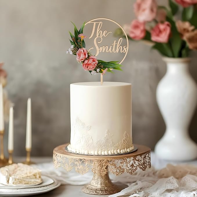 3D Flowers Wedding Cake Topper Custom Last Name Wedding Cake Decoration in Wood with 3D Artificial Roses