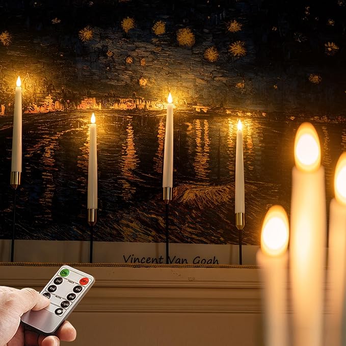 Homemory 12 Pcs Waxy Flameless Taper Candles with Remote, Led Flameless Candlesticks Classic Tall Candle, Flickering Battery Operated Taper Candles for Bedroom, Dining Room, White, 9.6 inches
