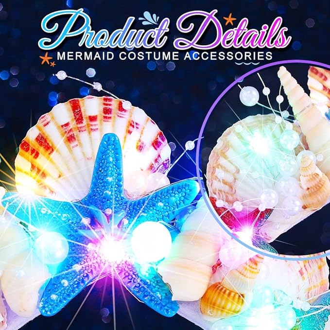 BARTOSI Mermaid Crown Light Up Seashell Headband Mermaid Costume Hair Accessories for Women