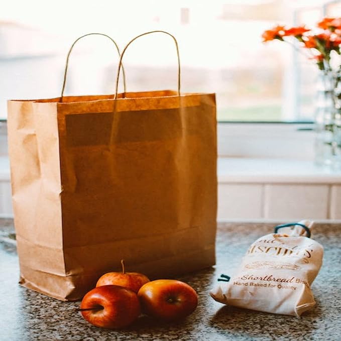 PAICUIKE 100Pcs Brown Paper Bags with Handles, Large 11x6x11 Inch Kraft Grocery Shopping & Retail Merchandise Bag, Gift Bags Bulk for Weddings, Parties, Baking