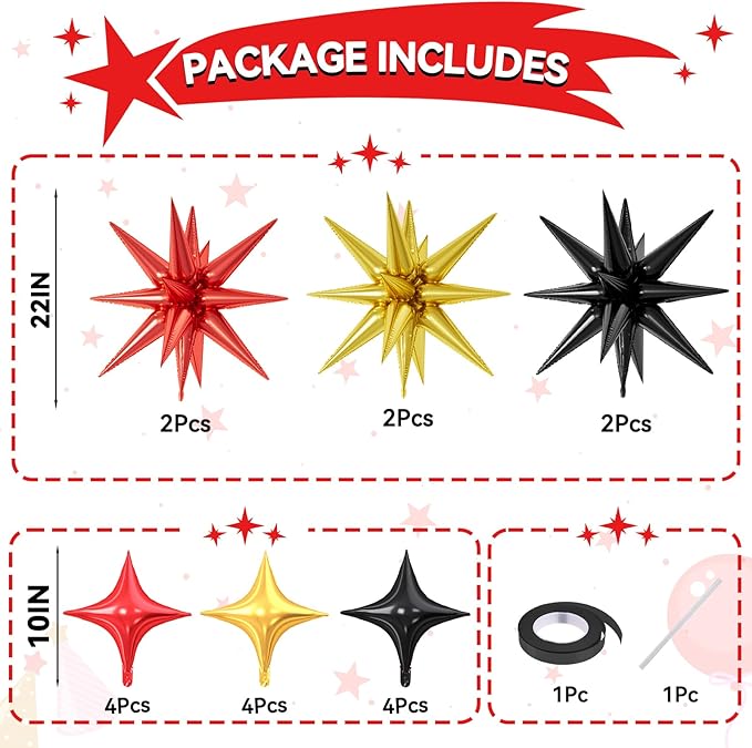 18 Pcs Black Red Star Balloons, Gold Red and Black Balloon with 6 Pcs 22-Inch Explosion Star Balloons 12Pcs 10-Inch Four Pointed Stars Foil Balloon for Kids Race Car Birthday Party Decorations