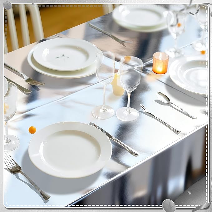 mwellewm 3Pcs Silver Tablecloth 54 * 72 inch Plastic Shiny Disco Table Cloth Disposable Foil Table Cover for Birthday New Year Decorations Wedding Christmas Anniversary Dinner Grad Party Supplies